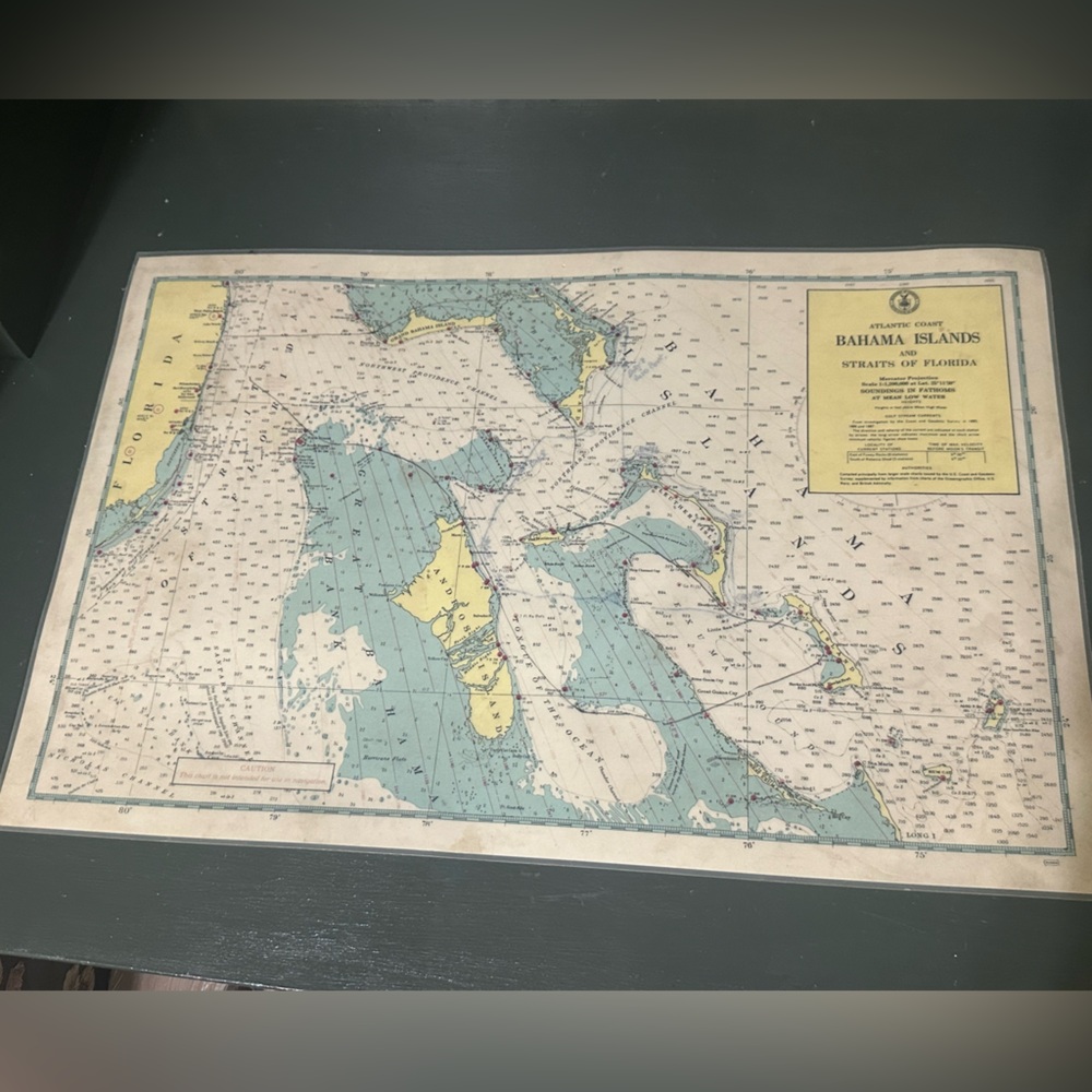 US Dept of Commerce Laminated Map Nautical Placemat Bahamas & Straits of Florida